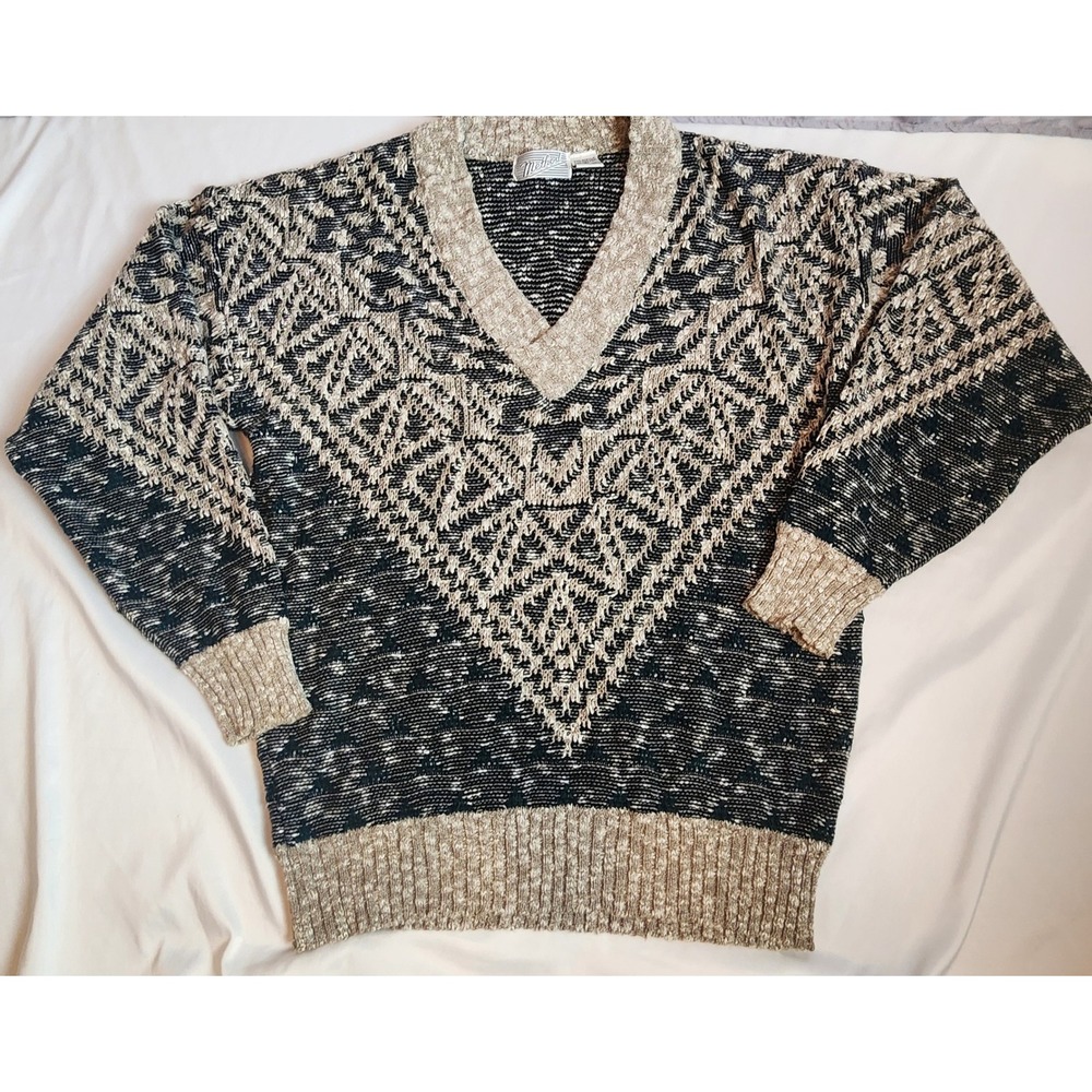 Vintage Mens V-Neck Sweater Large Black Tan Geometric Knit Grandpacore 90s